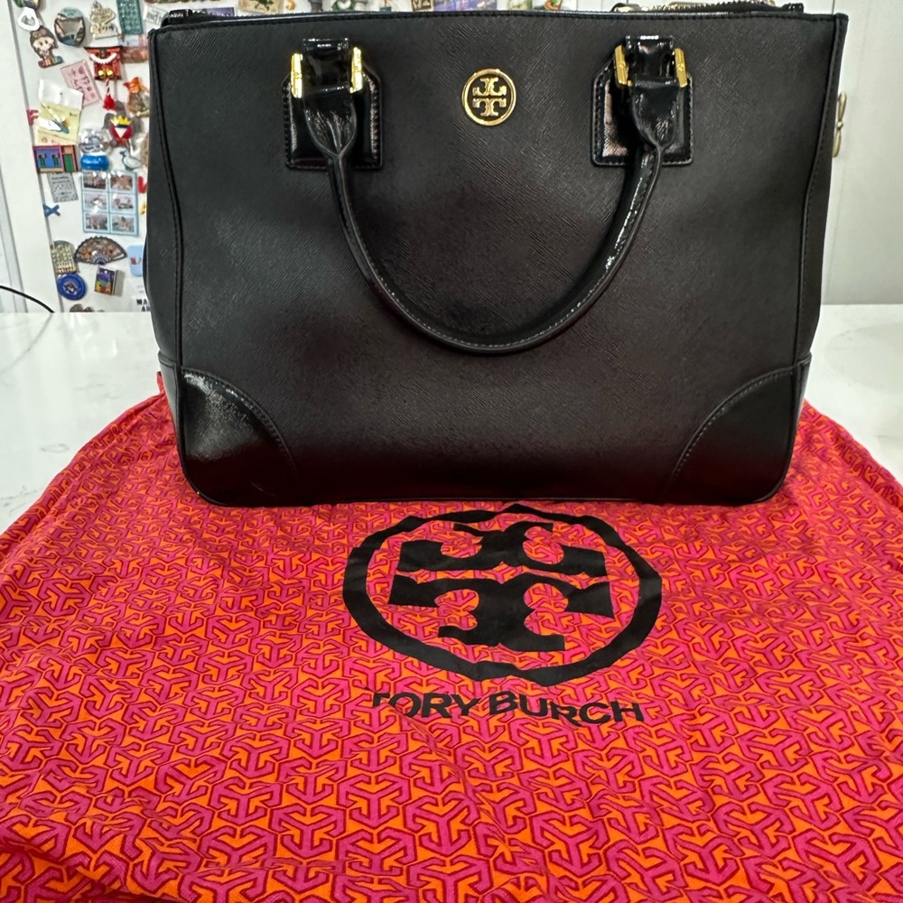 With dust bag, like new Tory Burch Black Satchel with Gold Accents